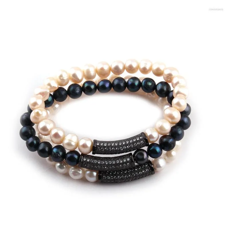 Strand Fashion Women Freshwater Pearl Bracelets Hematite Zircon Paved Bar Bracelet