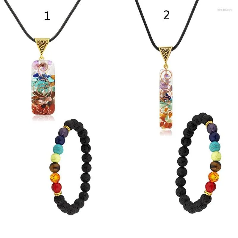 Halskette-Ohrringe-Set, 2 x Heilkristalle, 7 Energie-Chakra, verstellbare Kordel, Yoga, Meditation, Stretch-Armbänder