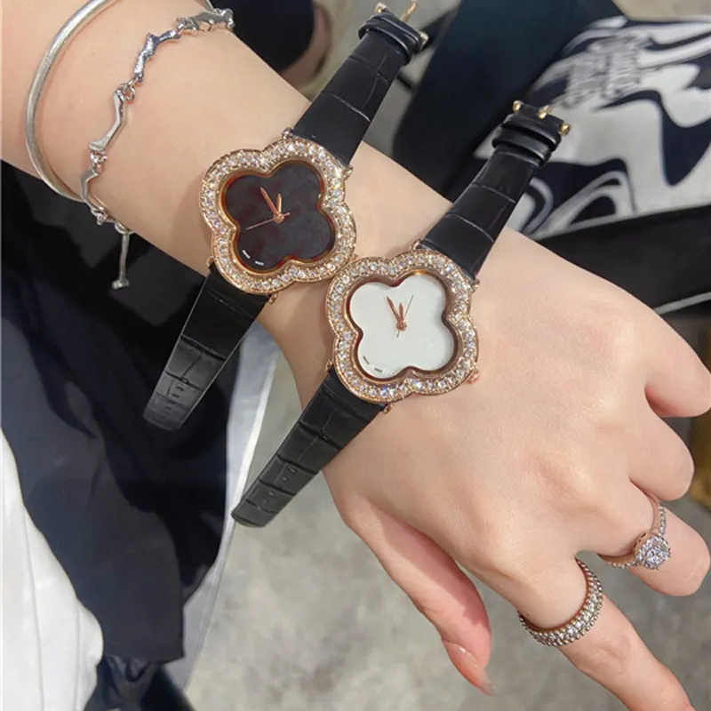 Fashion Full Brand Wrist Women Ladies Flowers Designer Crystal Style Luxury With Leather Str Quartz Clock VA06