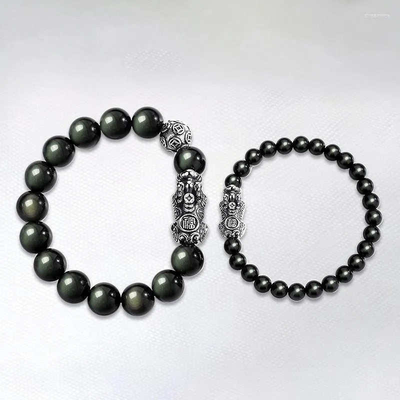 Strand Drop Shop Black Natural Obsidian Stone Bracelets Round Beads Com Tibetan Silver Pixiu Bracelet For Women Men Couples Jewelry