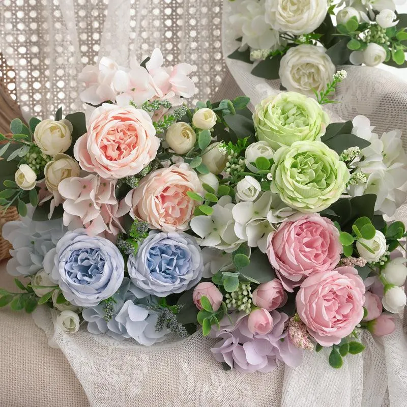 Decorative Flowers Artificial Silk Flower Forest Hydrangea White Pink Blue Peony Fake Plastic Spring Home Room Derecoration Wedding Bouquet