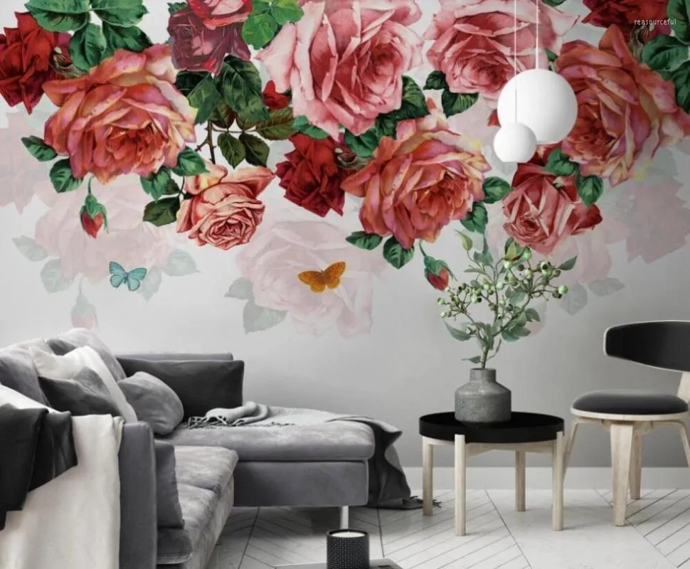 Fonds d'écran Bacal Personnalisé 3D Papier Peint Mural Nordique Moderne Peint À La Main Rétro Rose Salon Fond Fleur Papier Peint Po Décor Huda