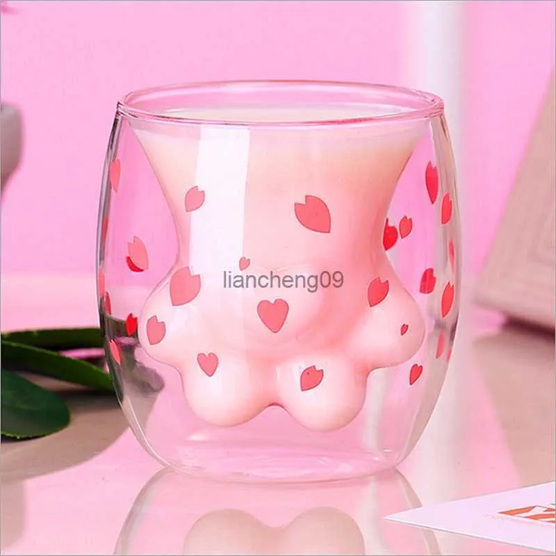 Coupe Griffe de Chat Rose Sakura Édition Limitée Violet Sakura Chat Scratch Mignon Double Verre Transparent Anti-brûlure Tasse à Eau L230620