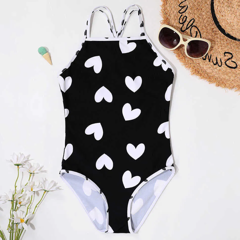 Swim wear Heart Print Girls One Piece Swimsuit Kids 5-12 Years Girl Bathing Suit Swim Monokini Cross Back Children's Swimwear Beachwear HKD230628