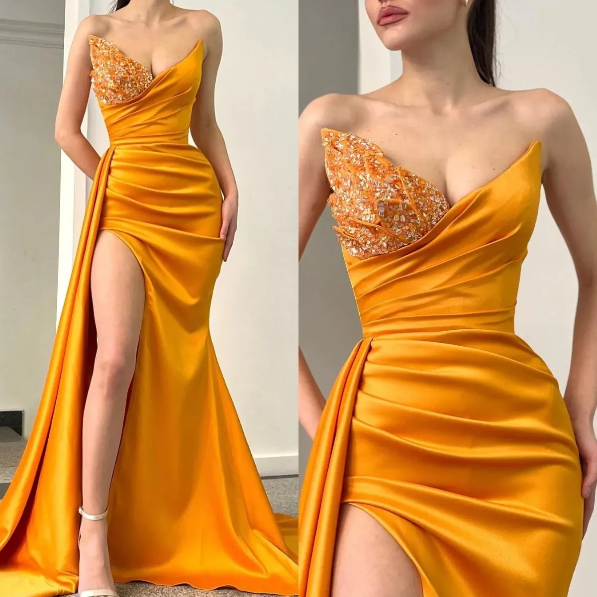 Sexy prom dresses orange v neck sequins party evening dress split pleats sweep train dresses for special occasions