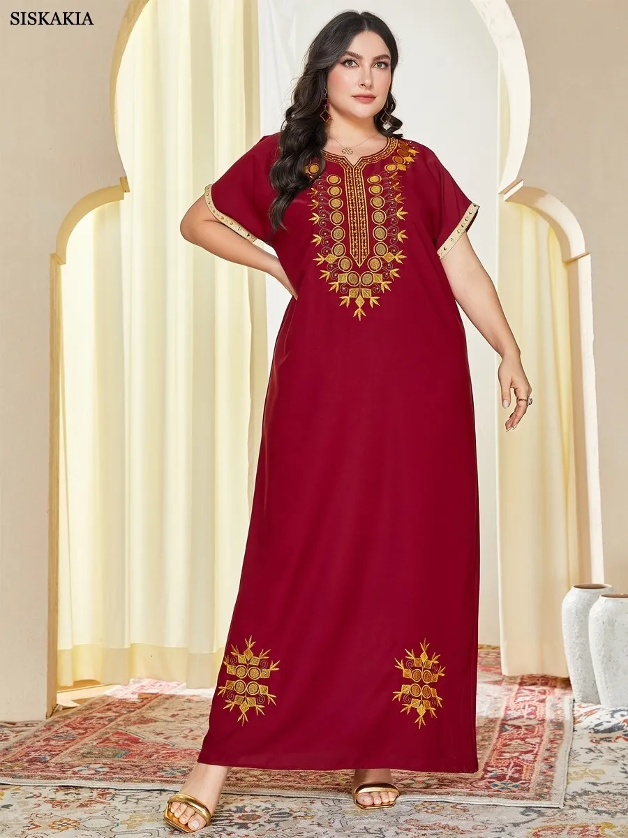 Plus size Dresses Siskakia Size Women Clothing Chic Gold Thread Embroidered Short Sleeve Beaded Maxi Dress Arab Ethnic Robe Summer 2023 Eid 230627