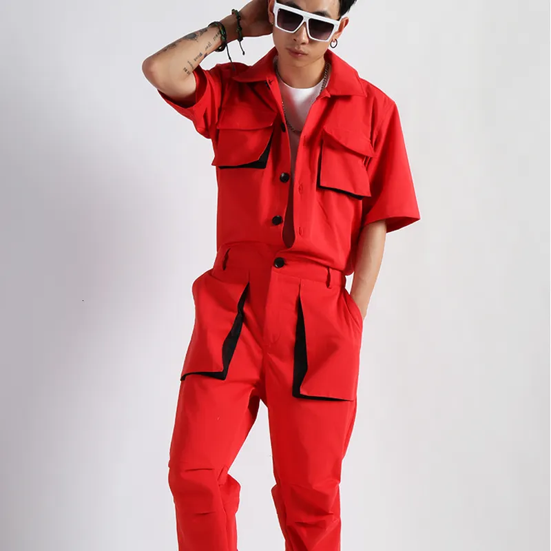 Men's Jeans 5XL Overalls Men Big Red Cotton 100 Onepiece Shortsleeved Male Nightclub Tooling Jumpsuit Cargo Pants Summer Romper 230628