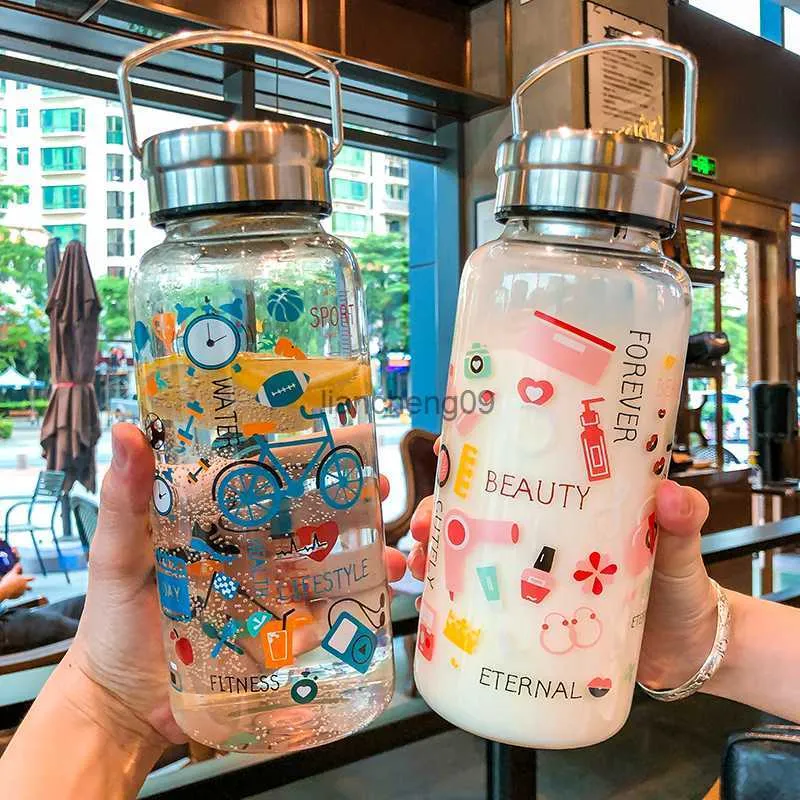 1000ml Fashion Graffiti Glass Water Bottle Adult Sport Large Capacity Transparent Space Cup Portable Tea Strainer Filter Bottles L230620