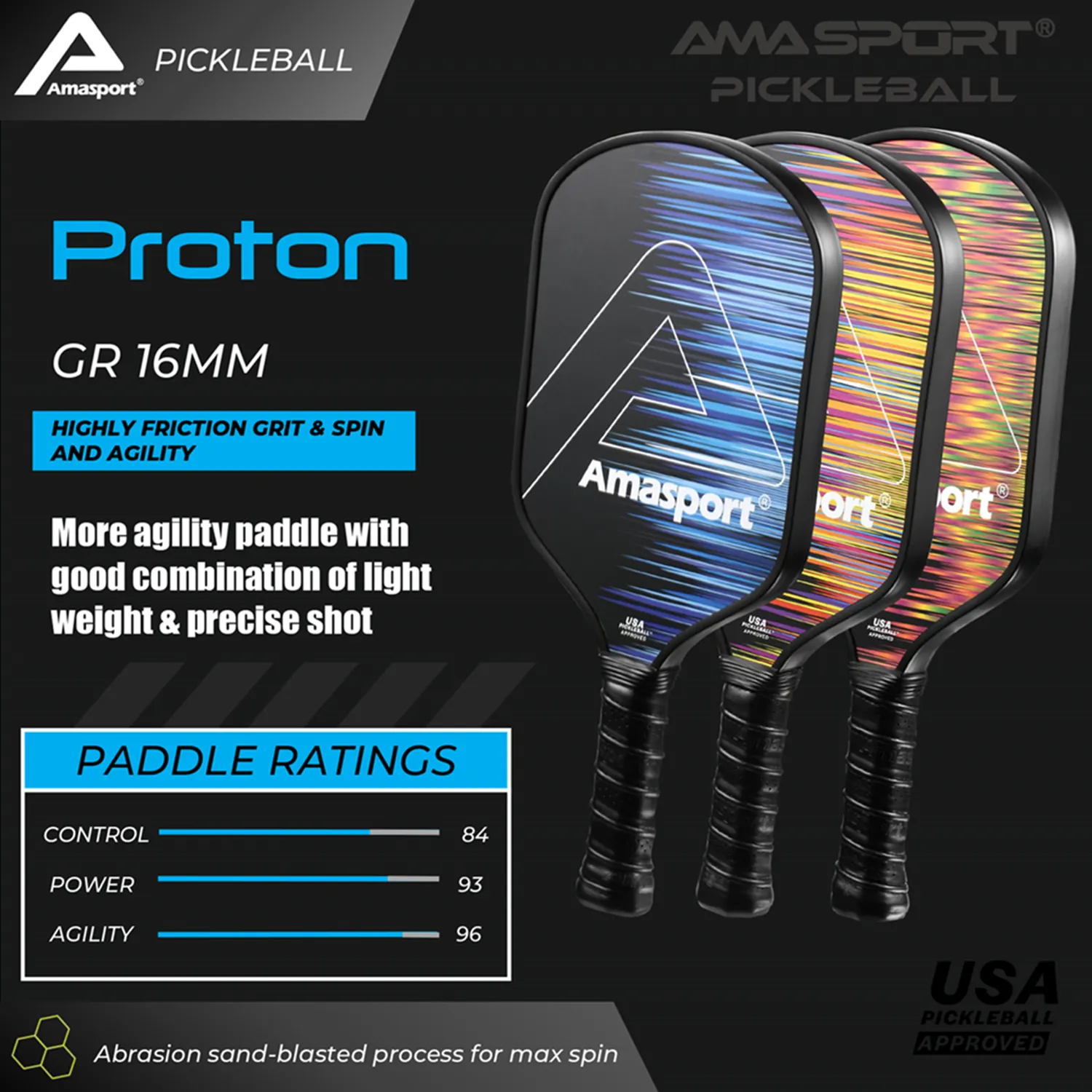 テニスラケットAmasport Proton Pickleball Paddle炭素摩擦表面ピクルスボールPA016 USAPA承認230627