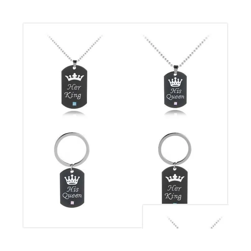 Colares com Pingente Aço Inoxidável Her King His Queen Colar/Chaveiro Dog Tag Coroa Casal Colar/Chaveiro Pingentes Correntes Amantes Dhl7R