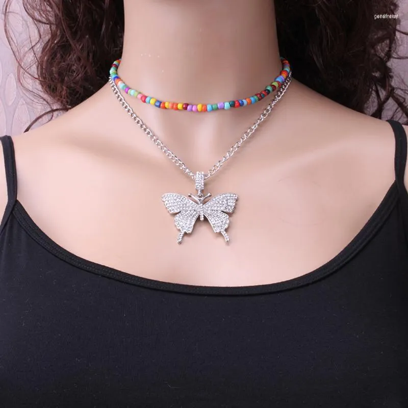 Choker Double Layer Necklace Fashion Rhinestone Butterfly Pendant Chain Colorful Bead Jewelry Accessories