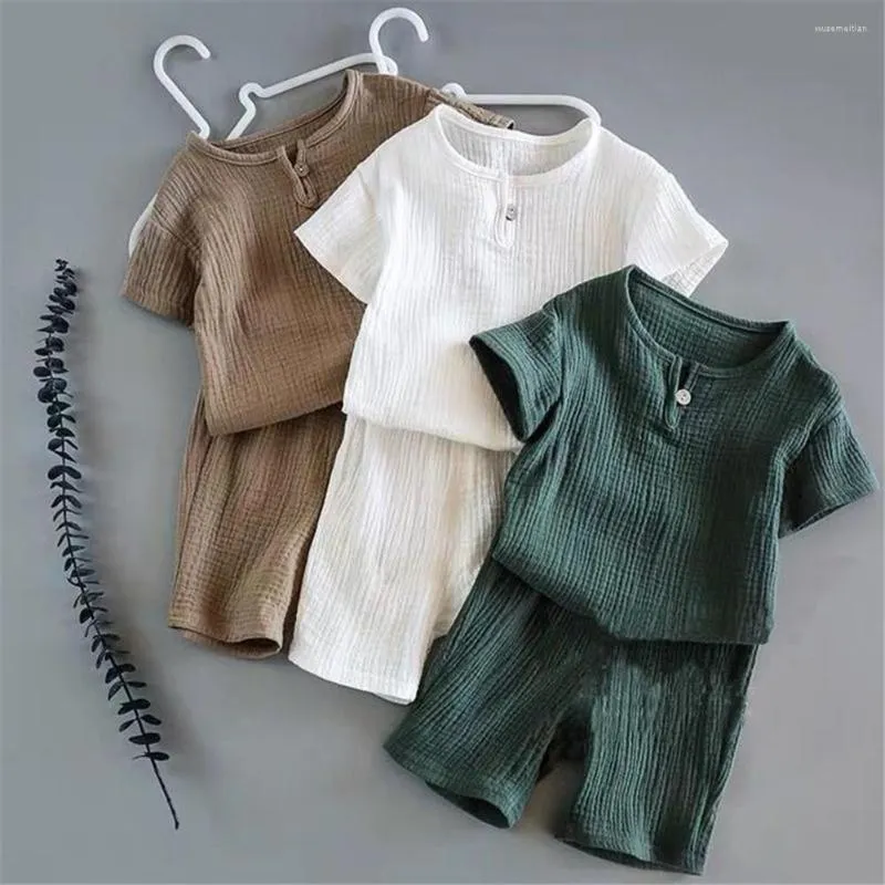 Ensembles de vêtements 0-6Y Garçons Filles D'été Solide Coton Lin T-shirts Élastiques Shorts Enfants Vêtements Casual Pour Enfants