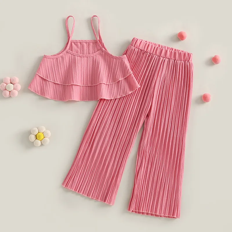 Clothing Sets 3 7Y Kids Girls Summer Clothes Set Children Solid Color Spaghetti Strap Ruffle Tank Tops Wide Leg Pants Baby Casual Outfits 230627
