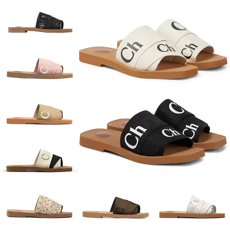 2023 Mais recente marca feminina Woody Mules chinelo plano designer senhora letras tecido ao ar livre sola de couro slide sandália tamanho 35-42