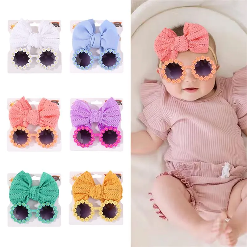 Baby Meisjes Haaraccessoires Mode Zon Bloem Zonnebril Boog Haarband Set Pasgeboren Hoofdbanden Zomer Strand Fotografie Props