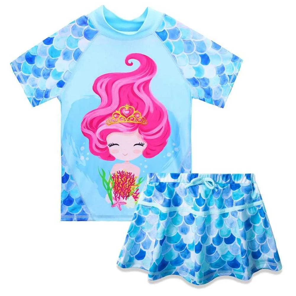 Swim wear BAOHULU Blue Cartoon Girls Swimwear with Skirt Short Seve UPF50+ Swimsuit for Girls Kids 3-12Y Children Swimwear Beachwear HKD230628