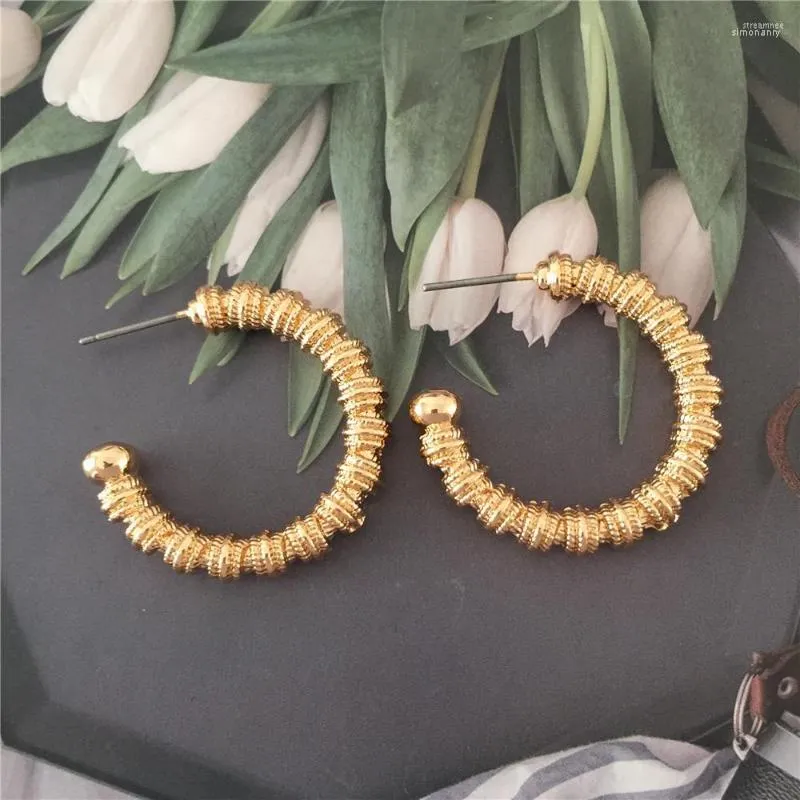 Hoop Earrings Casual Gold Color Plating Textured Medium Size For Women Girl Bohemia Elegant Unique Special Jewelry Accessory