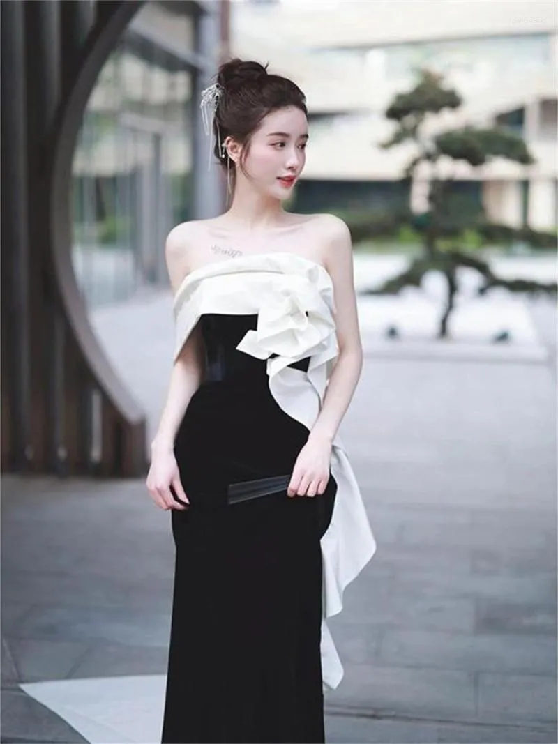 Ethnic Clothing 2023 Fashion Black Velour Party Formal Dresses Woman Tube Top Long Slim Evening Dress Vestidos De Fiesta