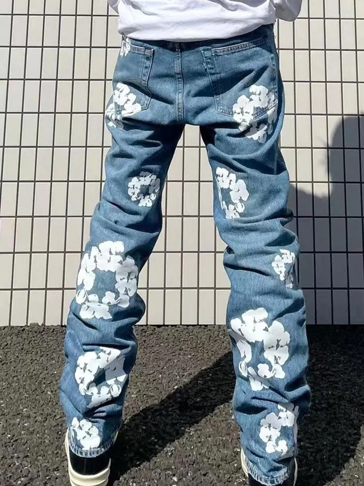 Men's Jeans Loose Straight Comfy Cotton Denim Pants Trousers Y2K Clothes Streetwear Casual Fashion Flowers Printed For Men