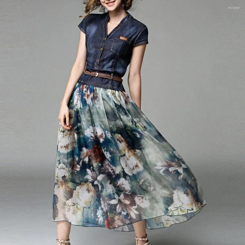 Sukienki imprezowe 2023 Dżinsowe sukienki Kobiety Długo swobodny szyfonowy patchwork Kwiatowy nadruk Summer Maksi z paskiem Japan Mase Style
