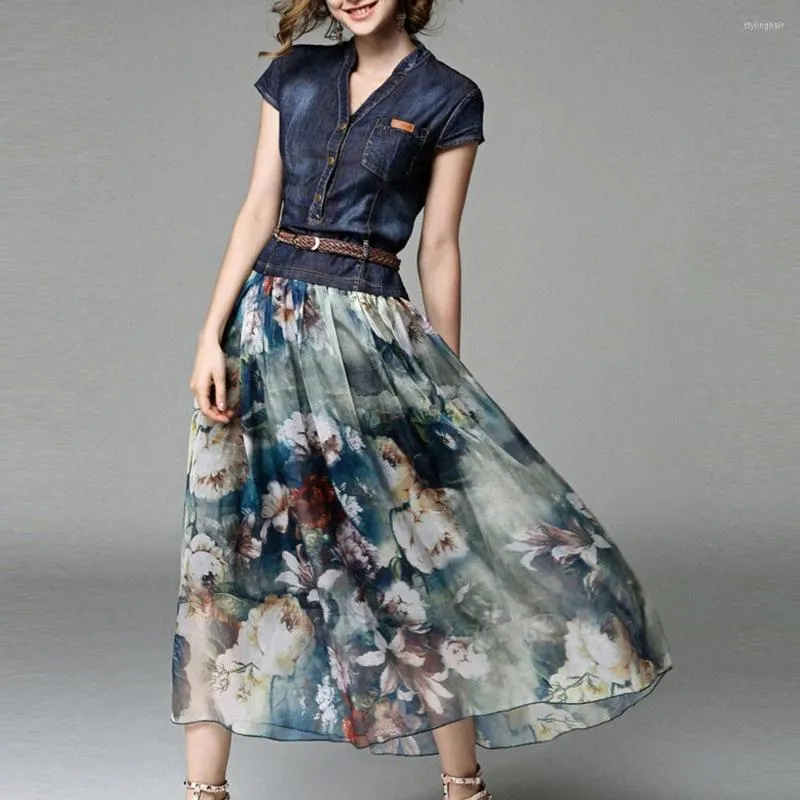 Party Jurken 2023 Denim Jurk Vrouwen Lange Casual Chiffon Patchwork Bloemenprint Zomer Vrouwelijke Maxi Met Riem Japan Mode Stijl