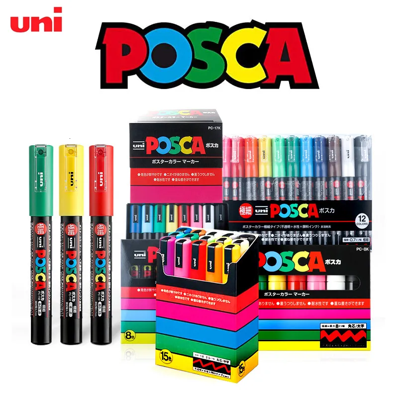 Conjunto de marcadores de tinta Uni Posca à base de água acrílico canetas de pintura de arte para rocha cerâmica vidro caneca de lona desenho de artesanato em madeira 230627