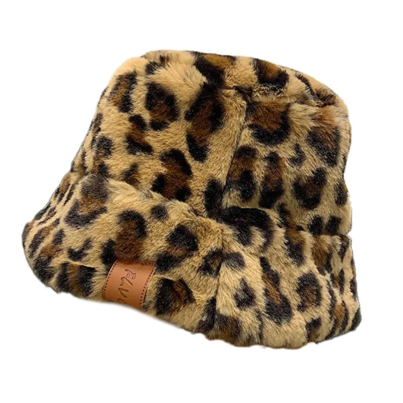 Kvinnor Vinterfluffig Plush Bucket Hat Leopard tryckt Harajuku varm fiskare Cap F3MD