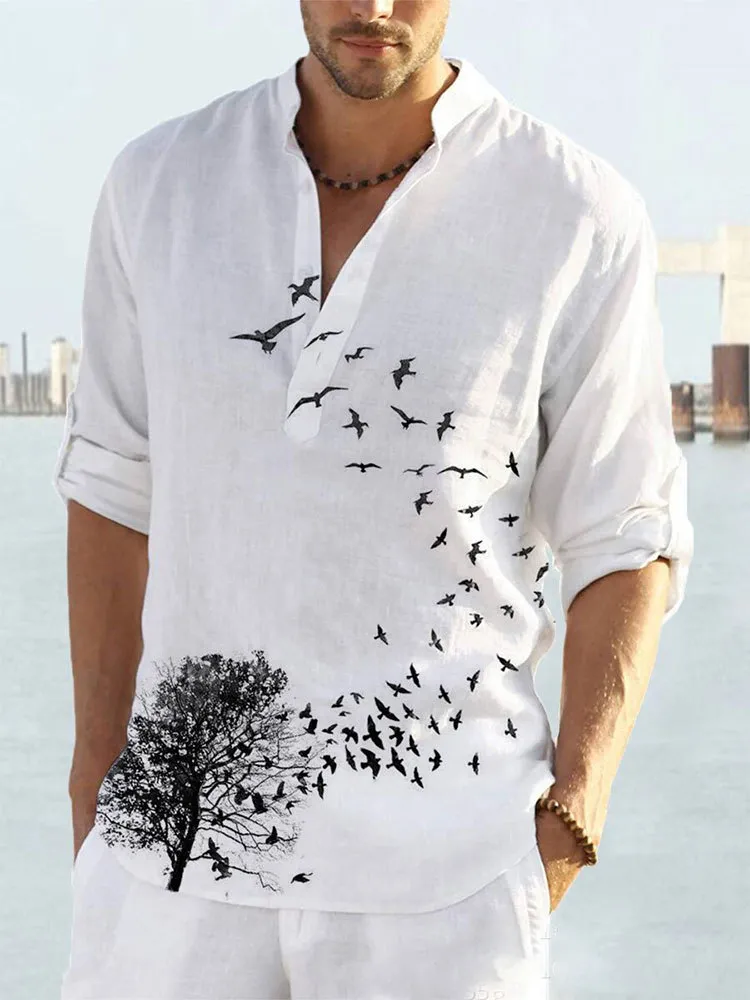 Koszulki męskie 2023 Bird Printed Koszula z długim rękawem Mężczyźni Stand Stand Flar Cardigan Button do swobodnego vintage Hawaiian 230628