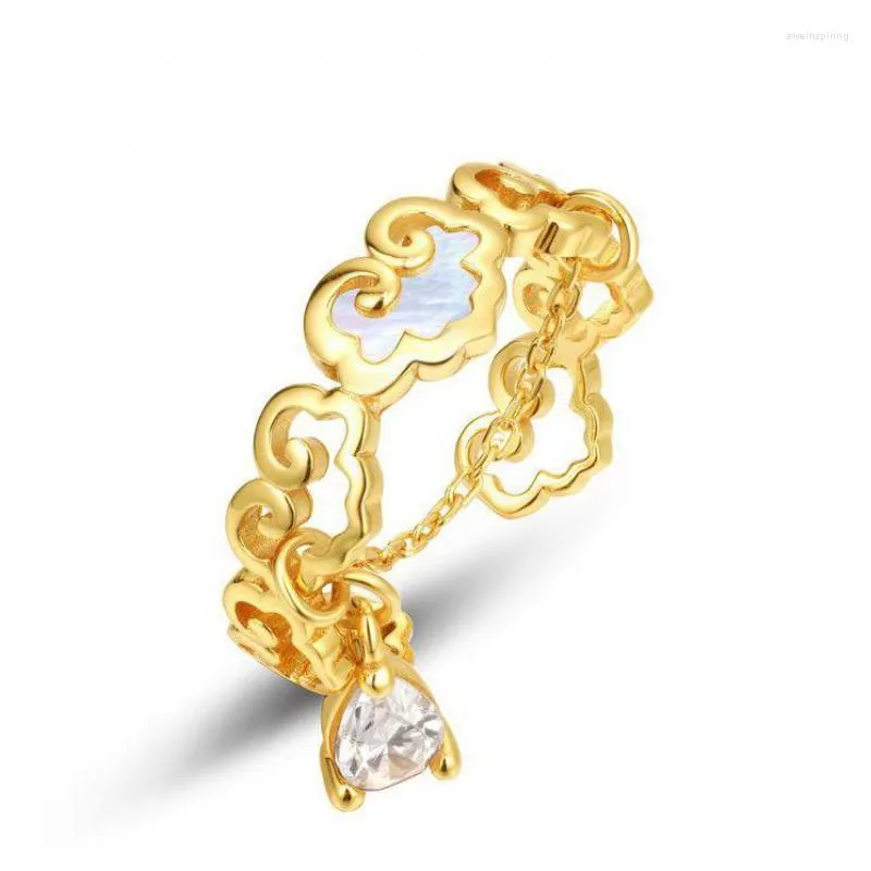 Cluster Rings Cowrie Shell Ring S925 Sterling Silver 10K Gold Plated Zircon Tassel White Hollow Chain Women Gemstone Fine Smycken
