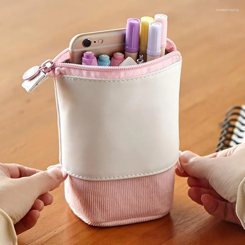 Simple Solid Retractable Pencil Case Bag Polyester Large Capacity Scalable Pen Holder Pouch Kids School Stationery