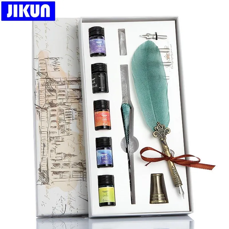 Pens Jikun Crystal Glass Dip caneta estrelada céu retro vintage caligrafia de penas canetas 5 cores Caixa de presente de tinta Conjunto de redação de redação de suprimentos