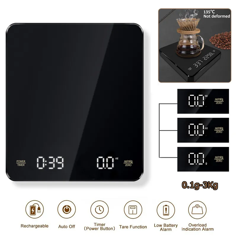 Balances Ménagères Balances Électroniques À Café Verser Sur Espresso 3kg 0.1g LED Minuterie Automatique Balance De Cuisine Intelligente Batterie Intégrée Chargement USB 230628