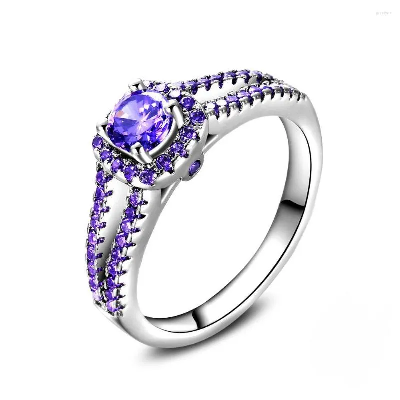 Bagues de grappe 2023 Pruple cristal opale anneau coupe violet CZ fiançailles Plata couleur bijoux pour femmes mariage Uomo Anillos Mujer