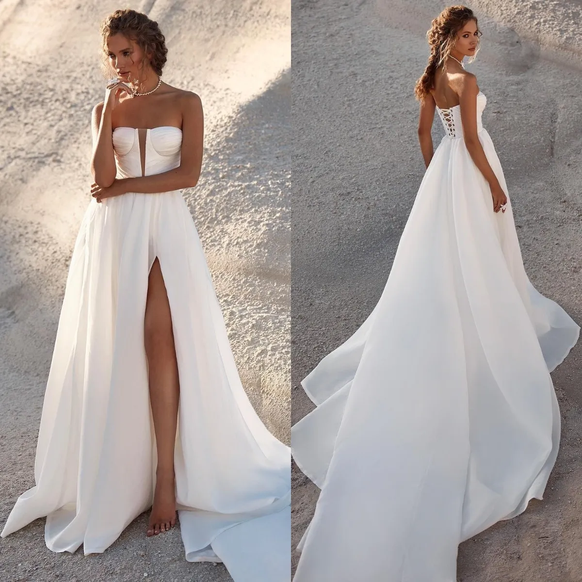 Robe de mariée sans bretelles Satin Boho A-line avec fente de cuisse