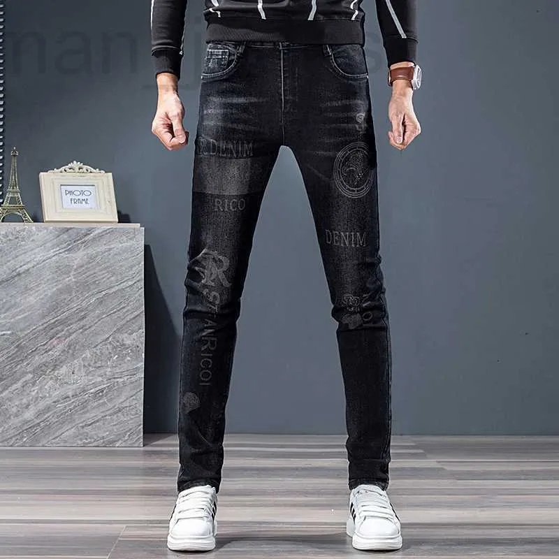 Designer de jeans masculino outono novo jeans preto bordado calças masculinas finas com pés pequenos e buracos tendência coreana casual i1tr