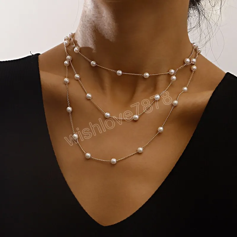 Enkel geometrisk tunn imitation Pärlskiktad kedjhalsband Multilayer CLAVICLE CHAIN ​​NACKLACE FÖR KVINNA Vintage smycken