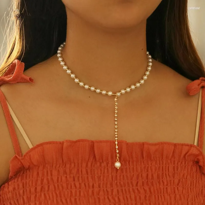 Choker Fashion Simple Lady Pearl Beads Chain Crystal Long Drop Necklaces For Women Girls Wedding Jewerly Accessories