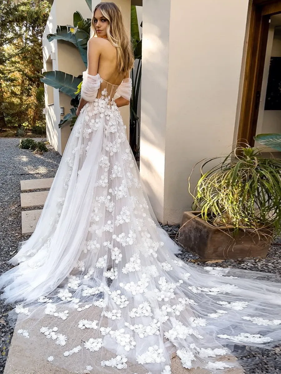 strapless open back dress Fit-and-Flare Wedding Dress With Buttons| Kleinfeld Bridal main image 0