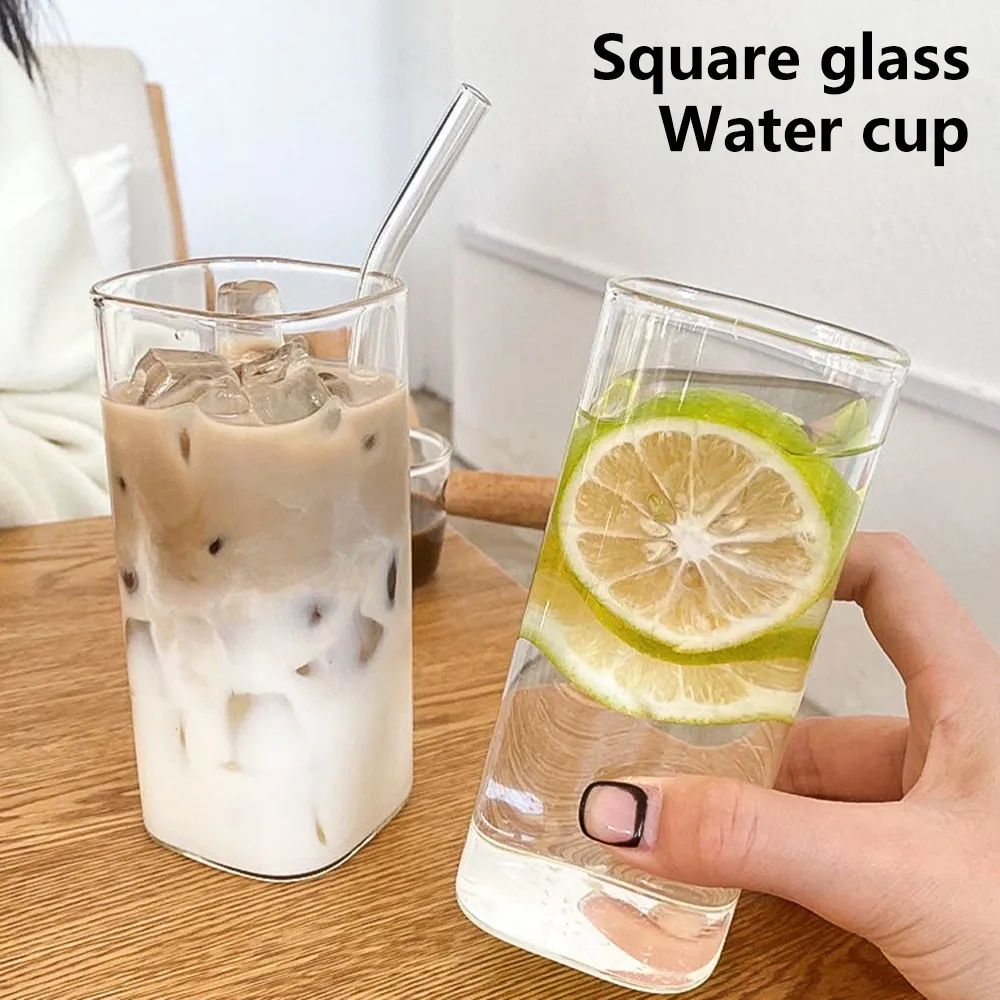 1Pc Square Glass Cup With Handle High-value Simple Milk Juice Cup Straw  Water Cup