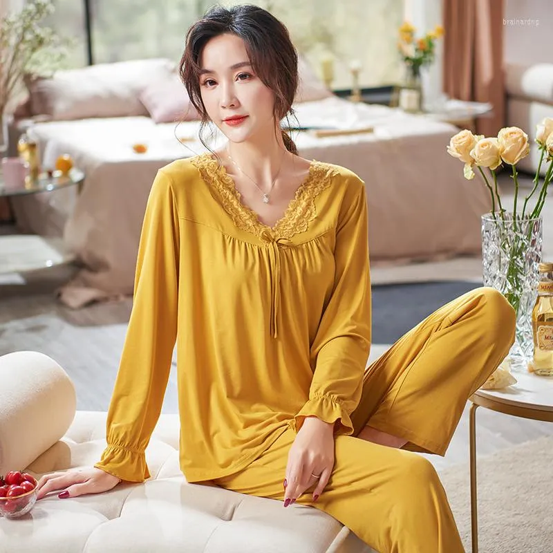 Soft Modal Womens Pajama Set Long Sleeve Top And Pant Pajama With V Neck  And Elegant Lace Detailing For Comfortable Home Wear From Brainardng,  $28.65