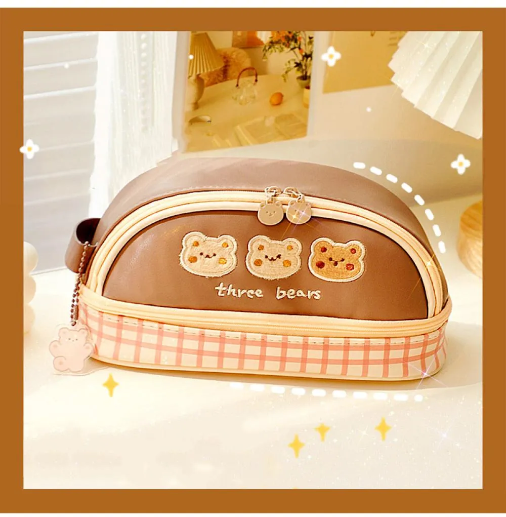 Kawaii bear pencil case ins Japanese Korean stationery girl heart large  capacity pencil case kawaii makeup pencil pouch