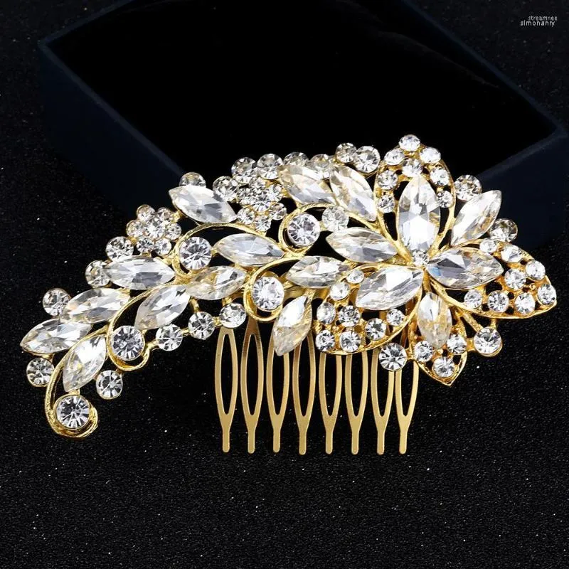 Hårklipp Treazy Vintage Gold Color Stora blommiga brudkammar för kvinnor Crystal Wedding Jewelry Europeiska tillbehör