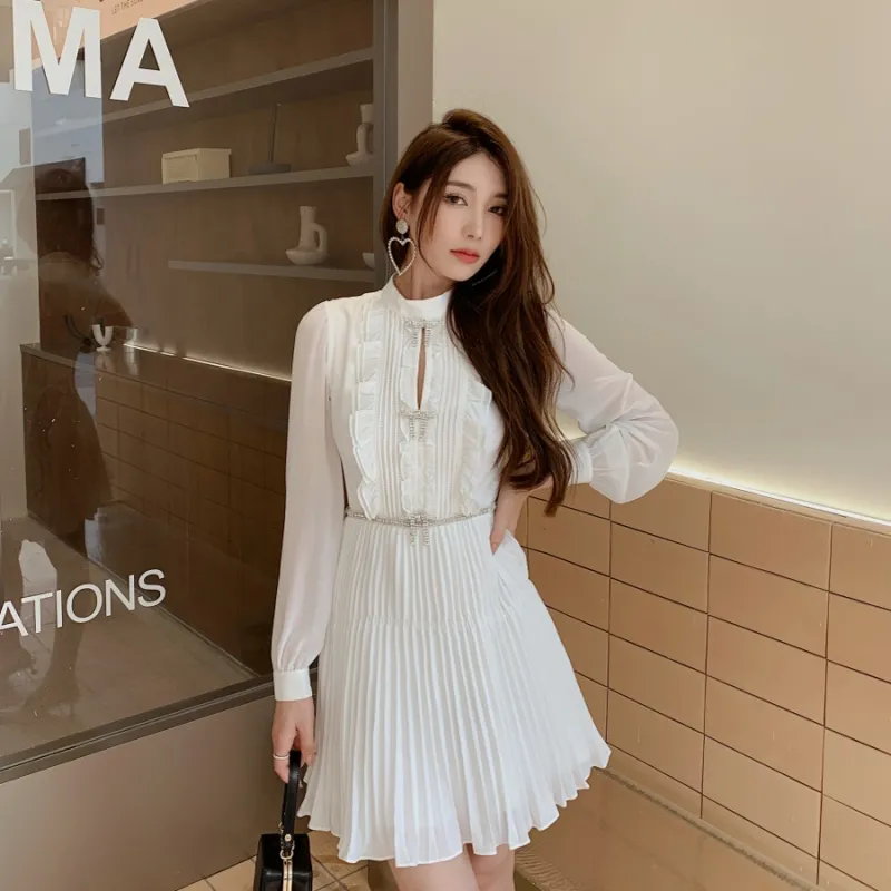 AUTH S/elf Portrait Bow Decoration White Chiffon Long Sleeve Dress High Waist Pleated Short Dress Delivery Waist Chain