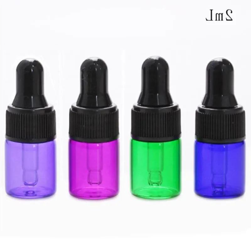 Ambre Clair Bleu Vert Violet Rouge Mini Bouteilles En Verre Flacons D'affichage D'huile Essentielle De 2 ml Avec Des Couvercles De Pipette Noirs Pour EJuice Eliquid Pxna