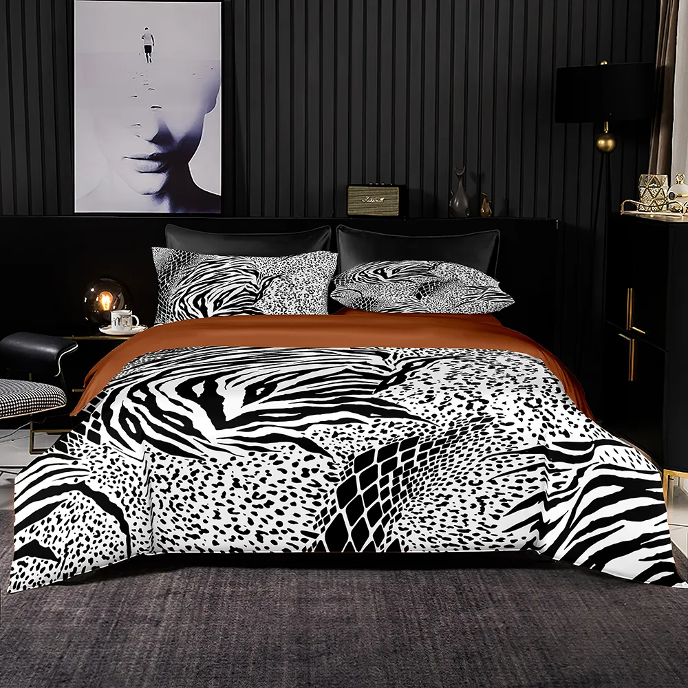 Sängkläder sätter abstrakt stil täcke täcke 200x200 med örngott 240x220 quilt täcker svartvitt leopard mönster sängkläder set lakan set 230627
