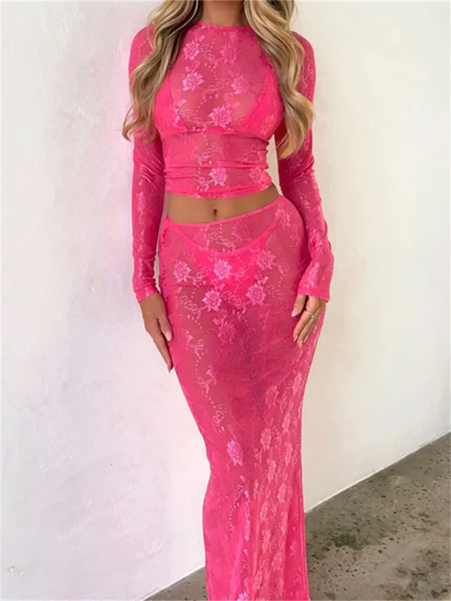 Vestido de dos piezas wsevypo SeeThrough Lace Floral Mesh Sheer Set Trajes de playa sexy Manga larga Crop TopsMidi Cintura Faldas Conjuntos 230627