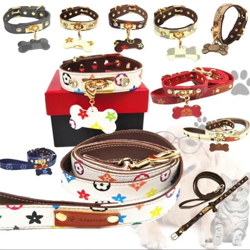 Summer Latest Pets Collar Leashes INS Style Printed Pet Leather Collars Sets Outdoor Durable Chai Keji Dog Leashes