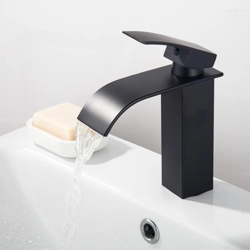 Rubinetti per lavabo da bagno Cascata Miscelatore per lavabo alto Miscelatore Spray nero Quadrato Mono Corpo in acciaio inossidabile Maniglia in lega di zinco