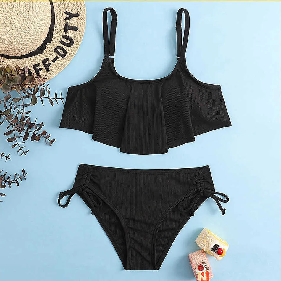 Swim wear Solid Black Flounce Girls Swimsuit Kids Two Piece Children's Swimwear Tie Side Bikini Set 7-14 Years Teen Bathing Suit Beachwear HKD230628