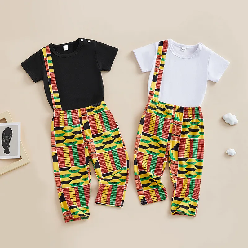 Rompers spädbarn baby pojkar sommarkläder set afrikansk stil tryck lapptäcke kort ärm besättning hals romper och långa byxor 2 st 230628